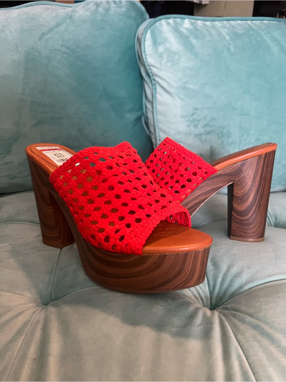 Jessica Simpson Red Crochet Platform Mules with Wood-Effect Heel